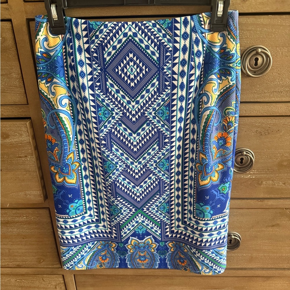 ANTONIO MELANI Geometric Blue and Orange Pencil Skirt - Size 2